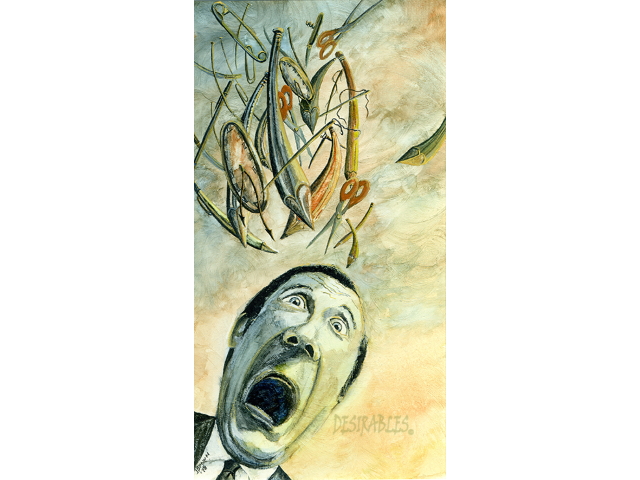 Aichmophobia (Fear of Pointed Objects) - Watercolor on Board - 11x16 - $125