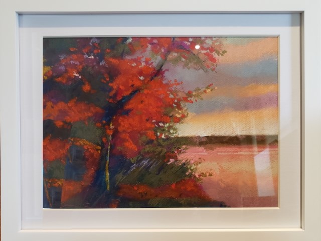 Fire Red Trees by Waterside - 9×12 - Soft Pastel $150