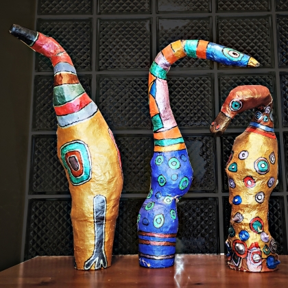 Whimsical Bird Papier-Mâché Sculpture
